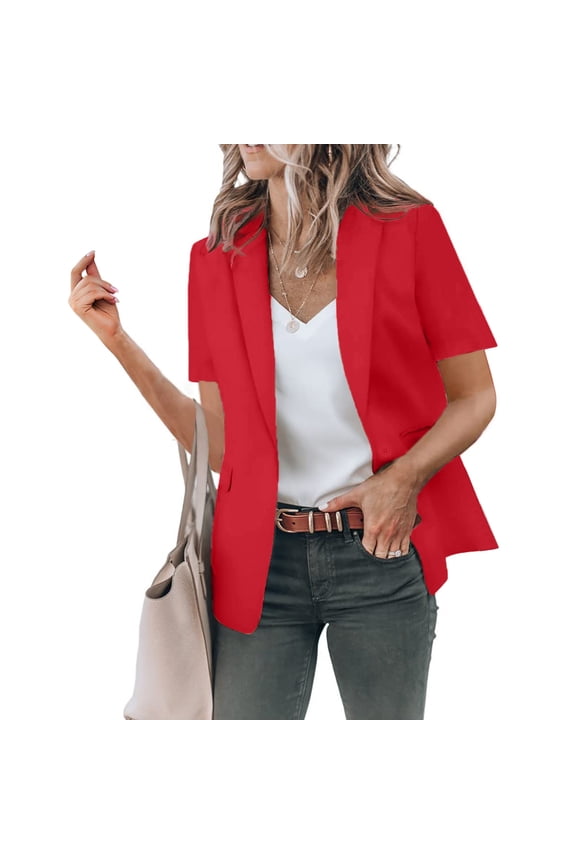 Blazer for Women Summer Short Sleeve Suit Jackets Business Casual Work Office Blazers with Pockets(Red,XL)
