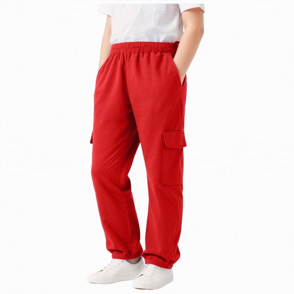 kpoplk Boys Cargo Sweatpants Athletic Straight Leg Pants Kids Lightweight Open Bottom Joggers Drawstring Pockets(Red,9-10 Y)