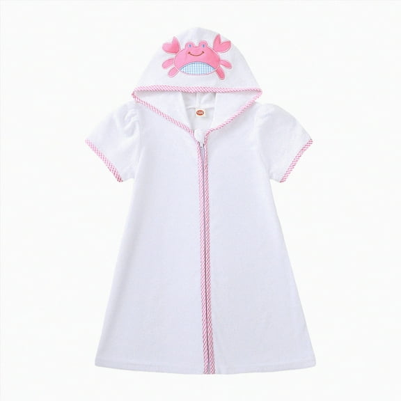 kpoplk Boys Girls Terry Cloth Swim Cover Up Zip Up Hooded Bathing Suit Coverup Wraps Rufled Kids Pool Beach Robe Cover-Up Dress(2-3 Years,White)
