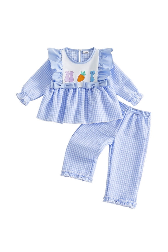 kpoplk Easter Baby Girl Outfit Bunny Long Sleeve Tops Plaid Bell Bottoms Flared Pants Set Toddler Summer Clothes Size 6-12 Months,Blue