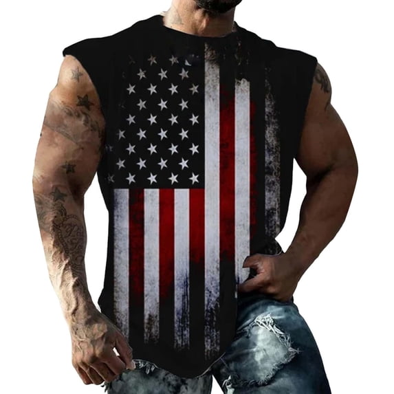 kpoplk Fourth of July Tank Top Men Patriotic Short Sleeved T Shirt Stars Stripes Short Sleeved Top American Flag Tank Top Men(Black,XXL)