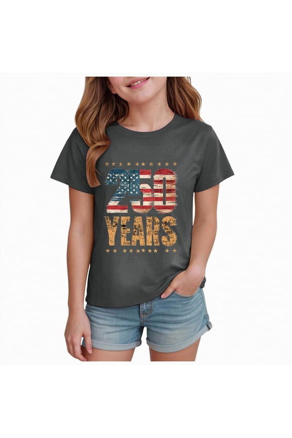 Girl American Flag Shirts Tshirt 4th of July Shirt Cotton Short Sleeve Tees(Grey,11-12 Y)