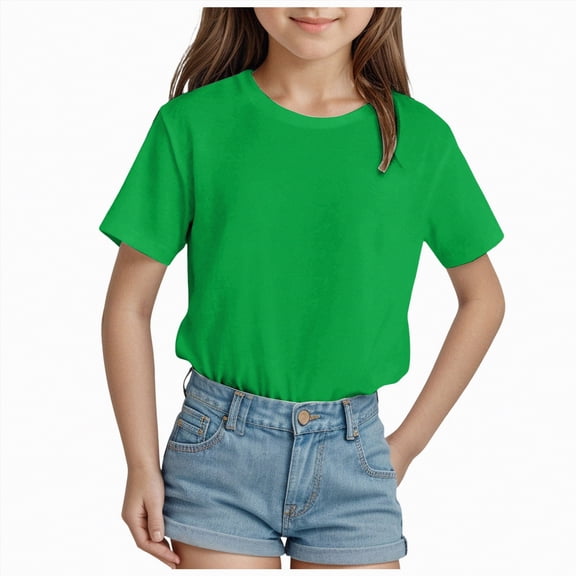 kpoplk Girl's Cute Graphic T Shirts Short Sleeve Crewneck Tees Summer Trendy Preppy Tops Clothes(Green,5-6 Y)