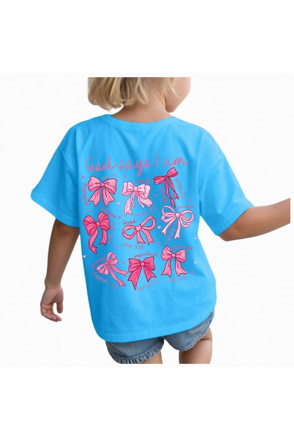 Girl's Cute Graphic Tees Letter Print Short Sleeve T Shirts Preppy Clothes Summer Tops(Sky Blue,2-3 Y)