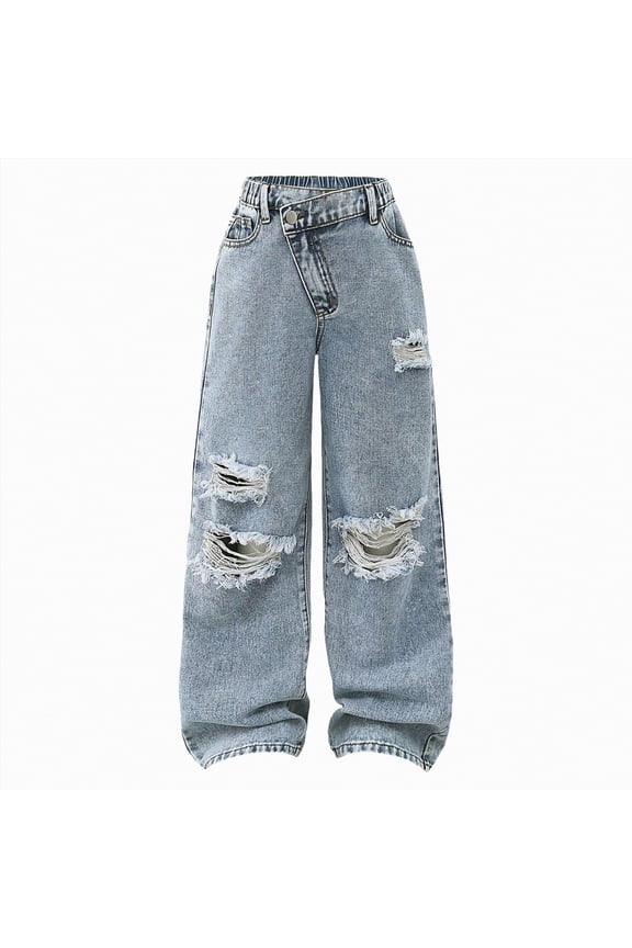 Girl's Elastic High Waist Ripped Baggy Jeans Wide Leg Distressed Denim Pants(Blue,11-12 Y)