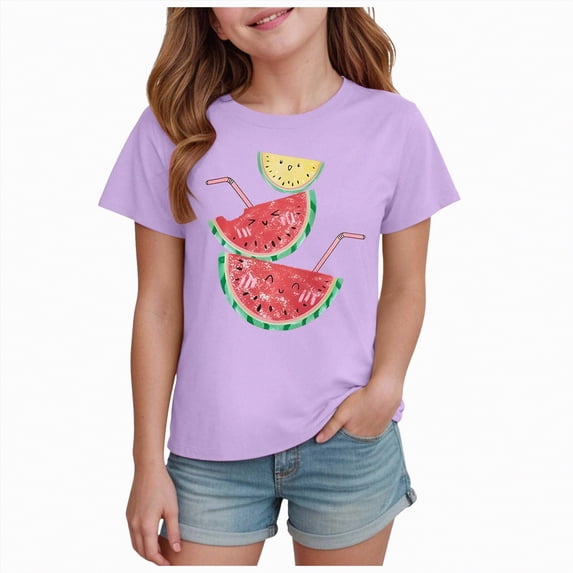 kpoplk Girl's Graphic Tees Crew Neck Short Sleeve Cute Summer Tops T Shirts(Light Purple,9-10 Y)