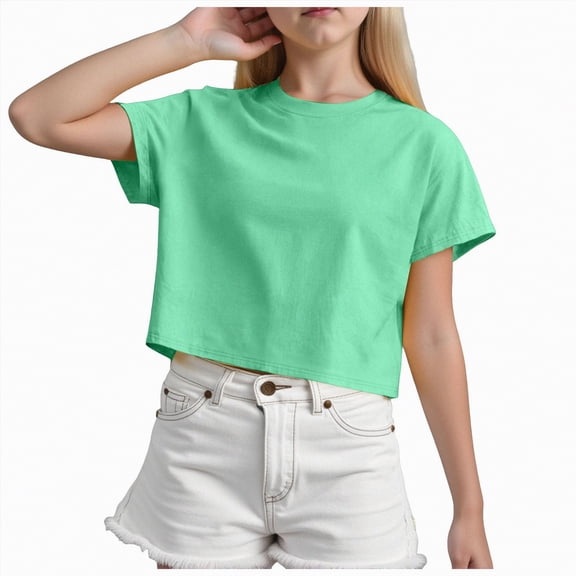 kpoplk Girl's Summer Cute Graphic Shirts Casual Short Sleeve Crewneck Tees Baggy Tops(Green,9-10 Y)