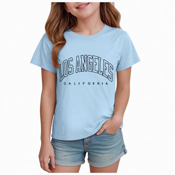 kpoplk Girl's Summer Cute Shirt Letter Print Tropical Graphic Crewneck Tees Hawaiian Beach Shirt Top(Light Blue,1-2 Y)