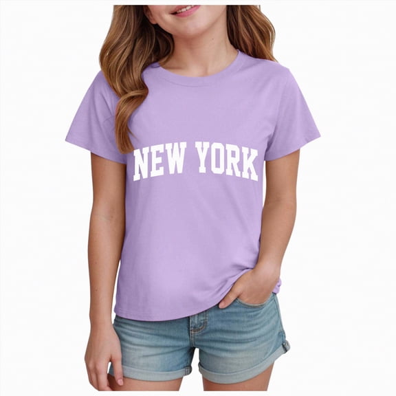 kpoplk Girl's T Shirts Short Sleeve Cute Graphic Tees Crewneck Cartoon Print Summer Tops(Purple,5-6 Y)