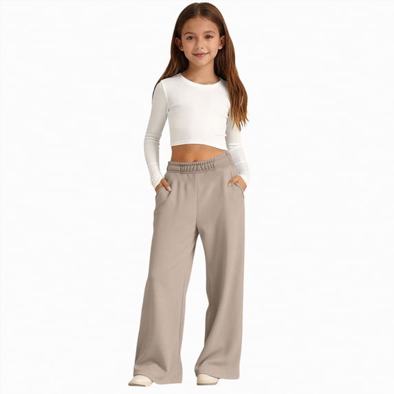 kpoplk Girl's Wide Leg Sweatpants Elastic High Waisted Loose Baggy Pants with Pockets(Khaki,11-12 Y)