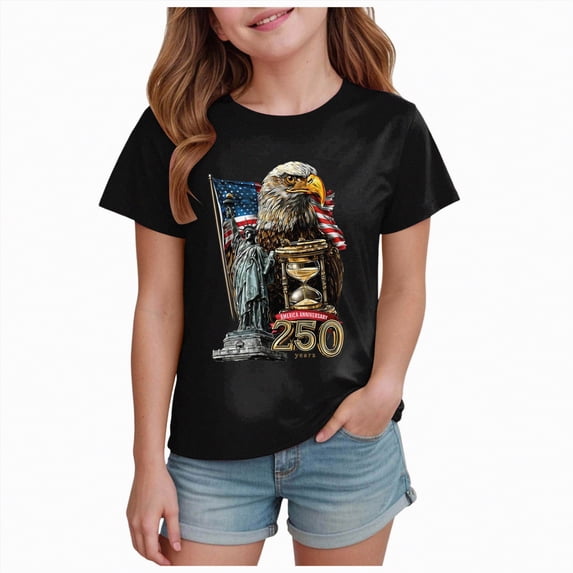 kpoplk Girls 250 Years Celebration Tops American Flag Graphic Tees Patriotic Short Sleeve T-Shirts Summer Shirt(Black,2-3 Y)