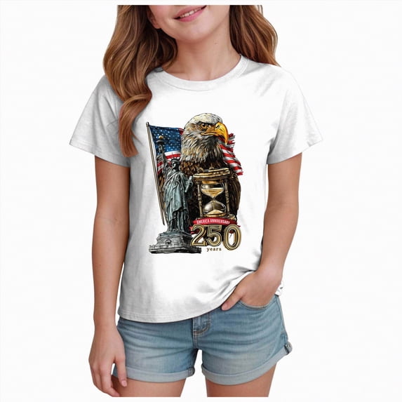 kpoplk Girls 250 Years Celebration Tops American Flag Graphic Tees Patriotic Short Sleeve T-Shirts Summer Shirt(White,3-4 Y)