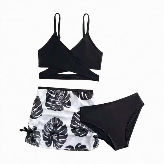 kpoplk Girls 3 Pieces Bikini Bathing Suit with Rash Guard Pants Quick Dry Swimwear Cover-Up Sets(Black,4-5 Y)