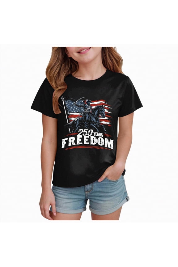 Girls 4th of July Shirts Kids Short Sleeve T-Shirts American Flag Graphic Tees Patriotic Tops(Black,7-8 Y)
