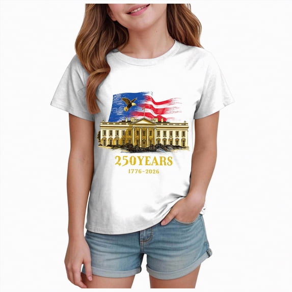 kpoplk Girls American Flag Graphic Tees 4th of July Shirt Patriotic Short Sleeve Tshirts Casual Summer Tops(White,2-3 Y)