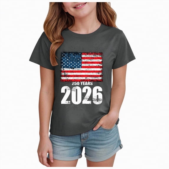 kpoplk Girls American Pride T-Shirts 250 Years Anniversary Patriotic Tee USA Flag Print Short Sleeve Tops(Grey,3-4 Y)