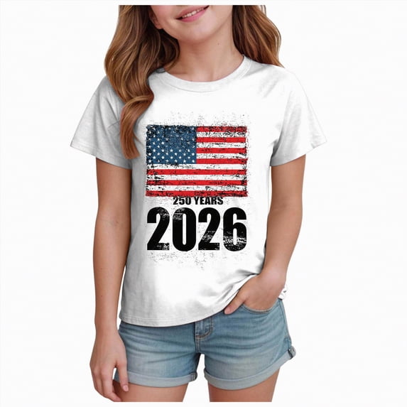 kpoplk Girls American Pride T-Shirts 250 Years Anniversary Patriotic Tee USA Flag Print Short Sleeve Tops(White,2-3 Y)