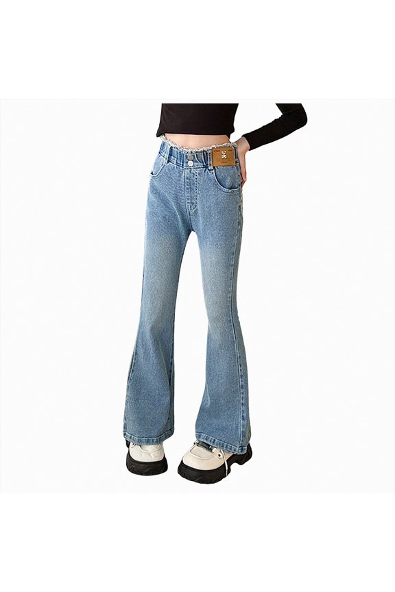Girls Casual Ripped Frayed Split Hem Flare Bell Bottom Jeans Denim Pants(Blue,6-7 Y)