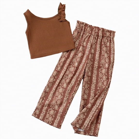 kpoplk Girls Clothes 2 Piece Outfits Drop Shoulder Sleeve Top and Wide Leg Pants Set Trendy Clothing Size 5-6 Years,Brown