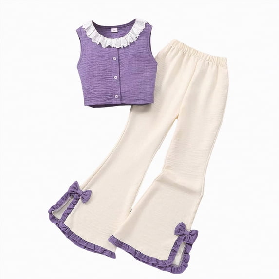 kpoplk Girls Clothes Sleeveless Ruffle Tops Wide Leg Pants Kids Clothing Set 2 Pieces Summer Outfits Size 7-8 Years,Purple