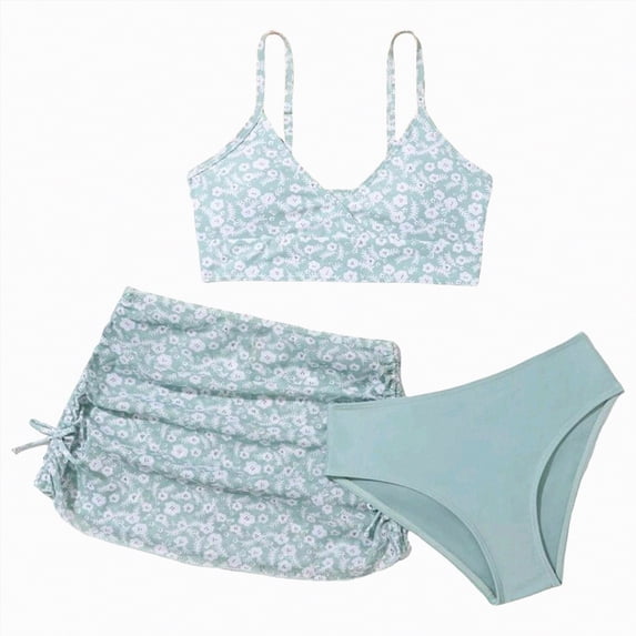 kpoplk Girls Floral Bikini 3PCS Set Complete Swimsuit with Mesh Skirt Cover Up for Pool or Beach(Green,7-8 Y)
