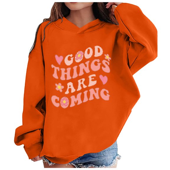 kpoplk Girls Hoodies Cute Graphic Printed Long Sleeve Pullover Sweatshirts Preppy Clothes(Orange,B)