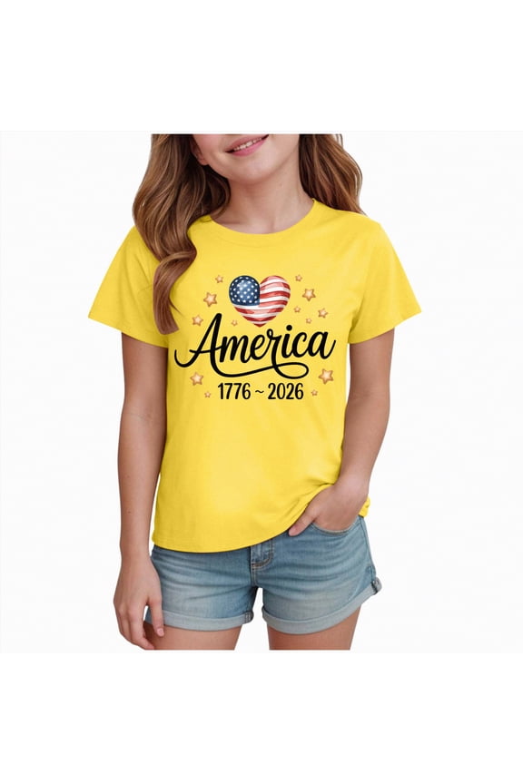 Girls July 4th American Flag Toddler Baby T-Shirt Patriotic Top Independence Day Outfit(Yellow,11-12 Y)