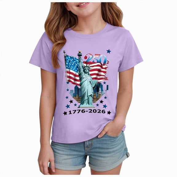 kpoplk Girls July 4th Tops Patriotic Shirt American Flag Short Sleeve Tshirts for Girl(Light Purple,5-6 Y)