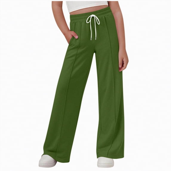 kpoplk Girls Oversized Wide Leg Sweatpants Drawstring Kids Baggy Straight Leg Track Pants Casual Plain Pockets Joggers(Green,7-8 Y)