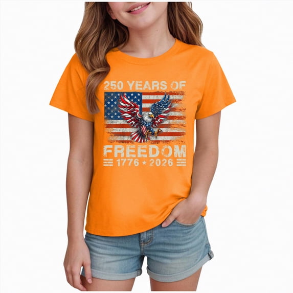 kpoplk Girls Patriotic Collection 250Th Anniversary T-Shirts USA Flag Print Tee Short Sleeve Shirt Kids Tops(Orange,13-14 Y)