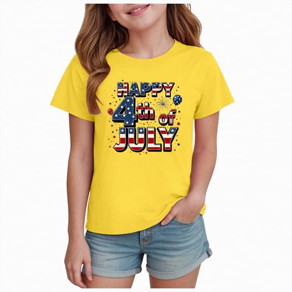 kpoplk Girls Patriotic Kids Tops Independence Day Tshirts American Flag Graphic Tee Short Sleeve Shirt(Yellow,13-14 Y)