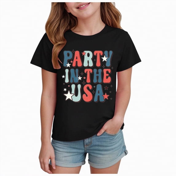 kpoplk Girls Patriotic T-Shirts 250Th America Anniversary Graphic Tee Short Sleeve Shirt Independence Day Kids Tops Ages 1-14(Black,5-6 Y)