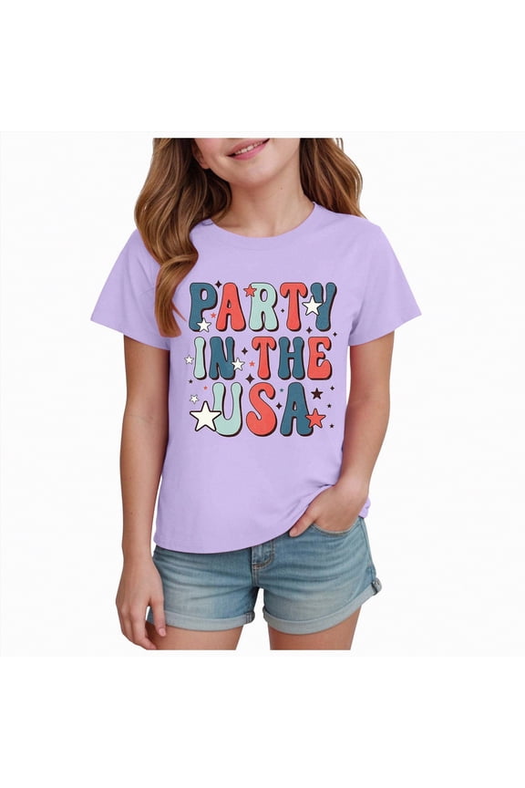 Girls Patriotic T-Shirts 250Th America Anniversary Graphic Tee Short Sleeve Shirt Independence Day Kids Tops Ages 1-14(Purple,9-10 Y)