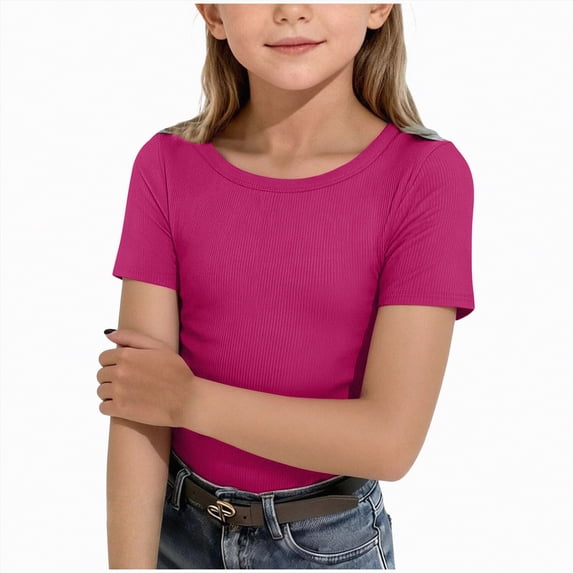 kpoplk Girls Pleated Short Sleeve T Shirts Kids Summer Crewneck Shirts Casual Tops Tees 5-14 Years(Hot Pink,9-10 Y)