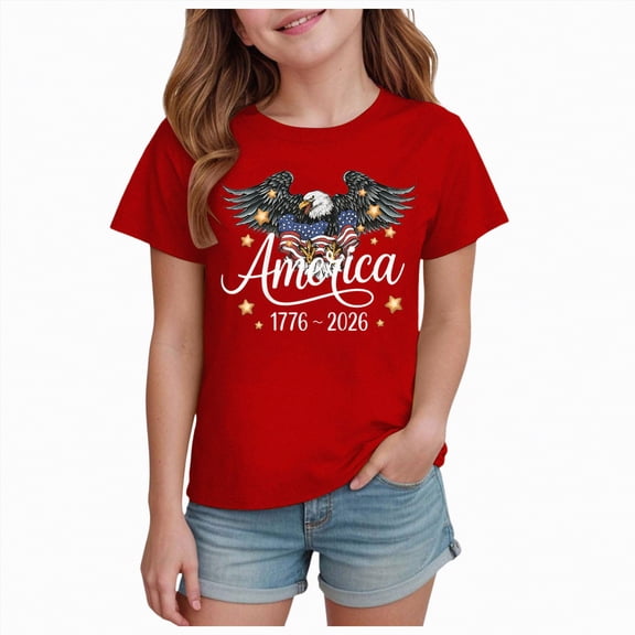 kpoplk Girls Short Sleeve T Shirts Kids Summer Crewneck Tops Basic Tees 5-14 Years(Red,3-4 Y)