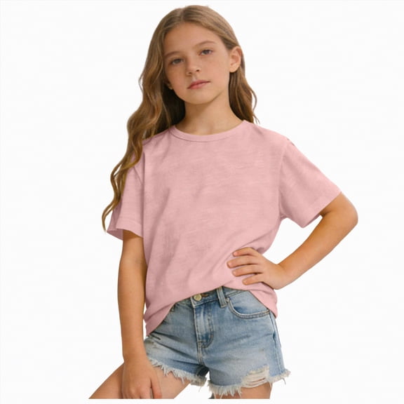 kpoplk Girls Short Sleeve T Shirts Kids Summer Tops Crewneck Basic Graphic Tees 5-14 Years(Pink,120)