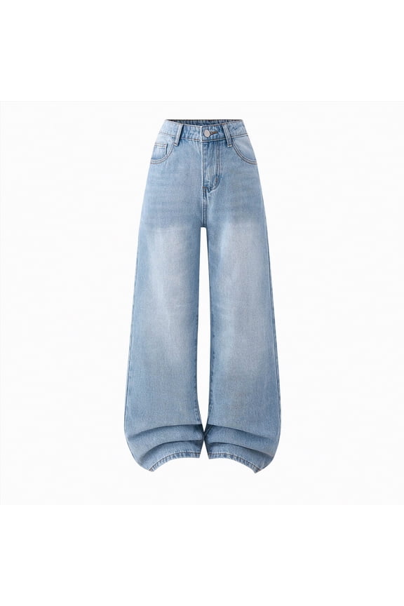 Girls Straight Leg Baggy Jeans Loose Denim Pants with Pockets Classic Casual Style(Light Blue,13-14 Y)
