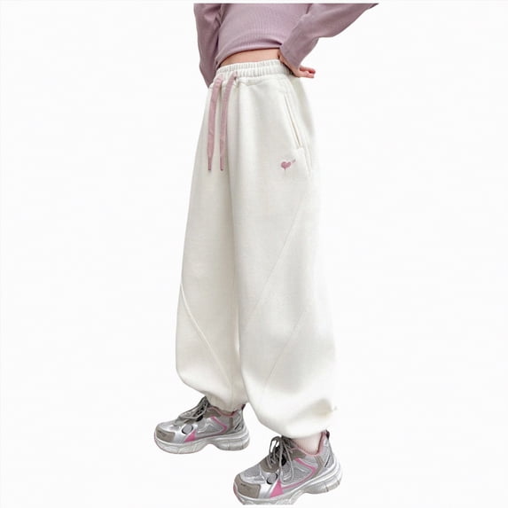 kpoplk Girls Sweatpants Athletic Joggers with Drawstring Waist and Pockets, Great for Teen Girls(Beige,6-7 Y)