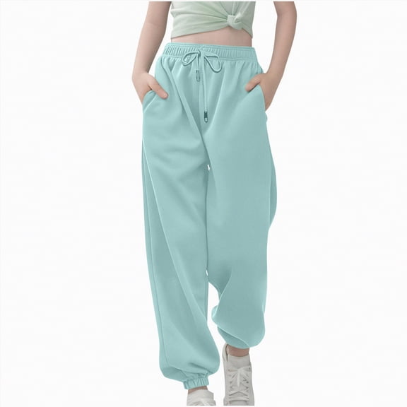 kpoplk Girls' Sweatpants Soft Athletic Lounge Joggers Kids High Waist Casual Trousers Pants(Blue,5-6 Y)