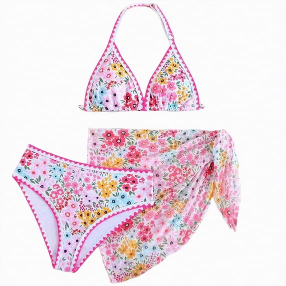 kpoplk Girls Swimsuits 3 Pcs Bikini Set Ruffle Sleeve Solid Swimwear Tropical Cover Up Skirt Kids Teen Bathing Suit 9-16 Years(Hot Pink,13-14 Y)