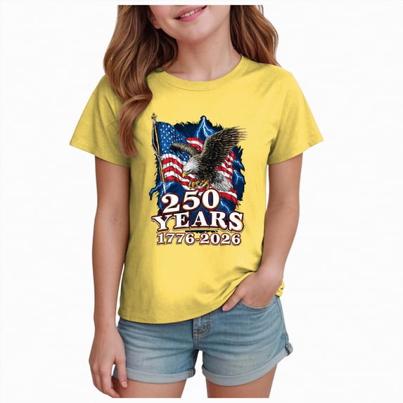 kpoplk Girls USA Shirts Kids 4th of July Shirts American Flag Tshirt Patriotic Top Independence Day Outfit(Yellow,5-6 Y)