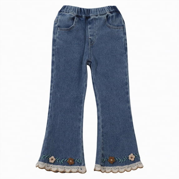 kpoplk Girls Wide Leg Jeans Baggy Embroidery Elastic High Waist Denim Pants Vintage Y2k Streetwear Aesthetic Teen Clothes(Blue,5-6 Y)