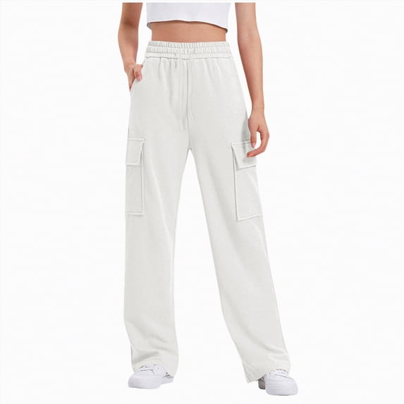 kpoplk Girls Wide Leg Sweatpants Kids Drawstring High Waist Baggy Pants Teen Athletic Trousers with Pockets(White,4-5 Y)