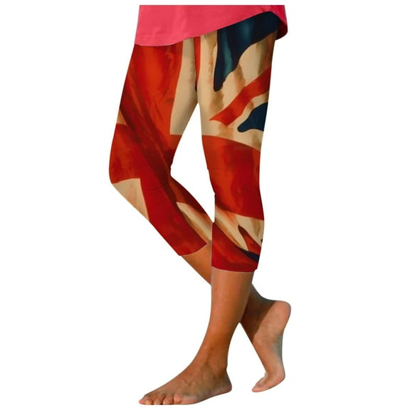 kpoplk High Waisted Capri Leggings for Women American Flag Non See Through Printed Pants for Running Cycling Yoga(Khaki,L)