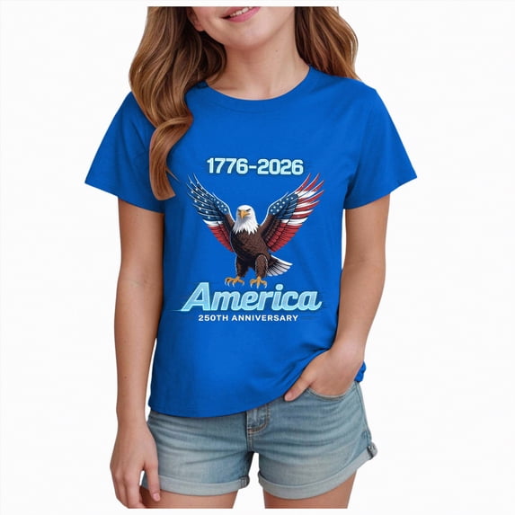 kpoplk Independence Day Girls Shirt American Flag Graphic Tees Patriotic Short Sleeve Tshirts Summer Tops(Blue,3-4 Y)