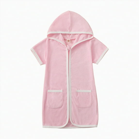 kpoplk Kid Boys Girls Swim Cover Up Kid Hooded Zip-Up Terry Swimsuit Coverup Towel Bathing Suit Bathrobe Pool Beach Robe Dress(2-3 Years,Pink)
