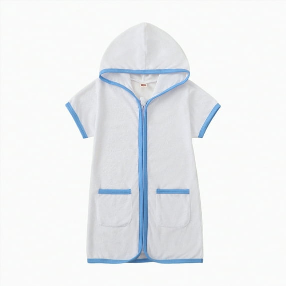 kpoplk Kid Boys Girls Swim Cover Up Kid Hooded Zip-Up Terry Swimsuit Coverup Towel Bathing Suit Bathrobe Pool Beach Robe Dress(5-6 Years,Blue)