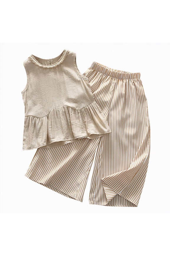 Kids Toddler Girl Clothes Summer Outfits Plaid Ruffle Sleeveless Shirt Dress Top Pants Set Size 5-6 Years,Khaki