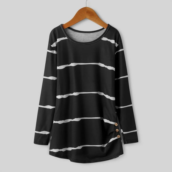 kpoplk Little Girls Casual Long Sleeve T Shirts Crewneck Tunic Tops Kids Button Striped Tee Girls Sweatshirts Size 14-16(Black)