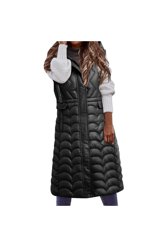 Long Puffer Vest Women Hooded Maxi Length Sleeveless Puffer Vest Padded Coat Winter Outerwear Black,M